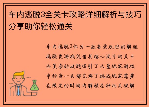 车内逃脱3全关卡攻略详细解析与技巧分享助你轻松通关