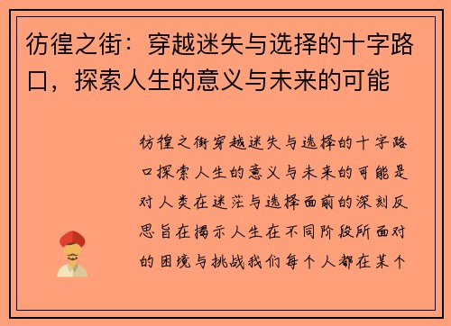 彷徨之街：穿越迷失与选择的十字路口，探索人生的意义与未来的可能